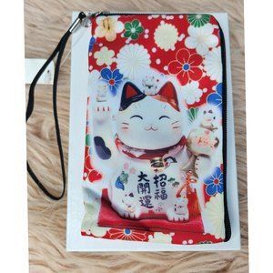 NWT CUTE!!  Maneki Neko Japanese Lucky Fortune Cat Zipper Pouch